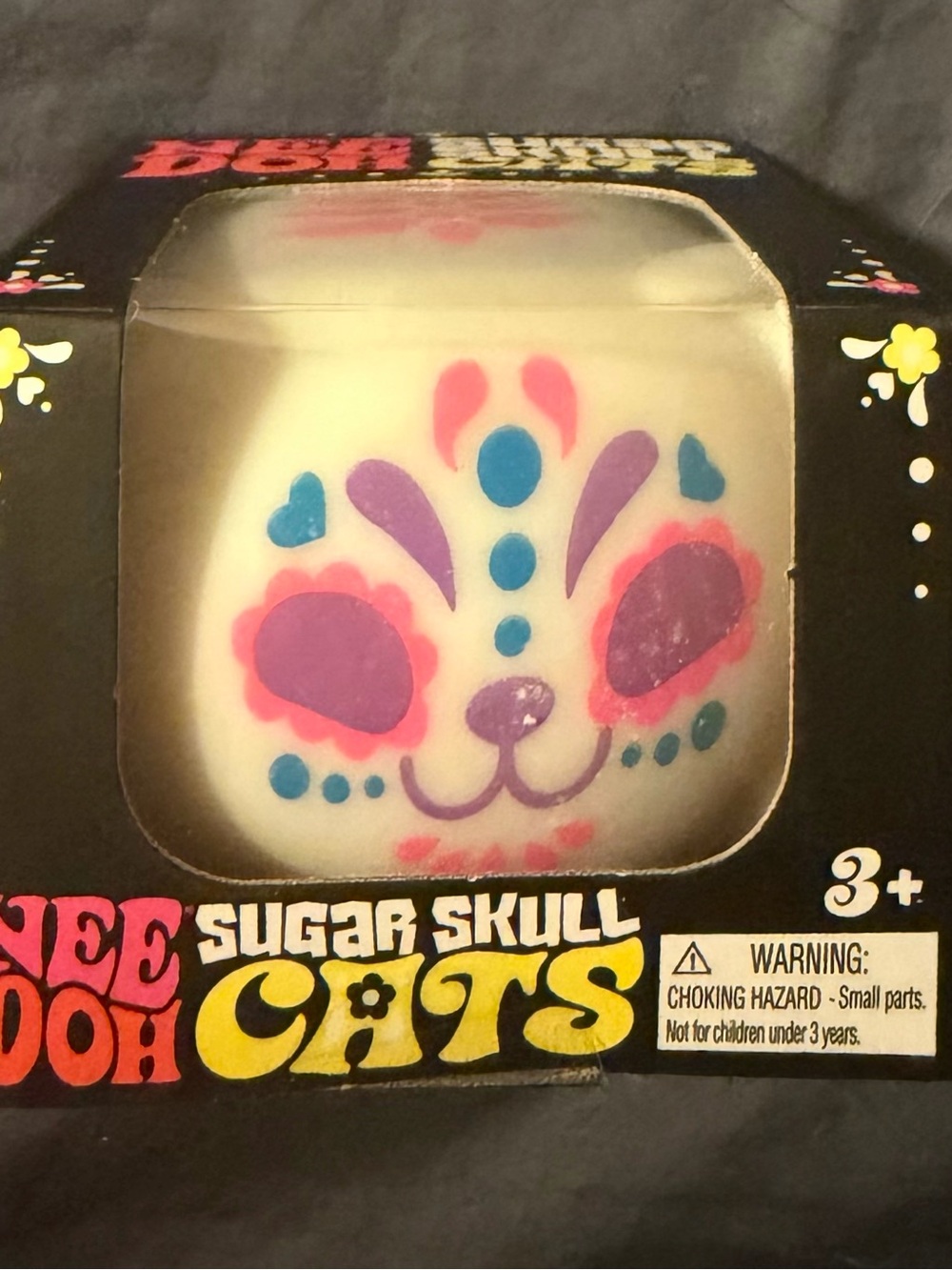Needoh Sugar Skull Cats Squeeze Toy - White with Pink, Purple & Blue